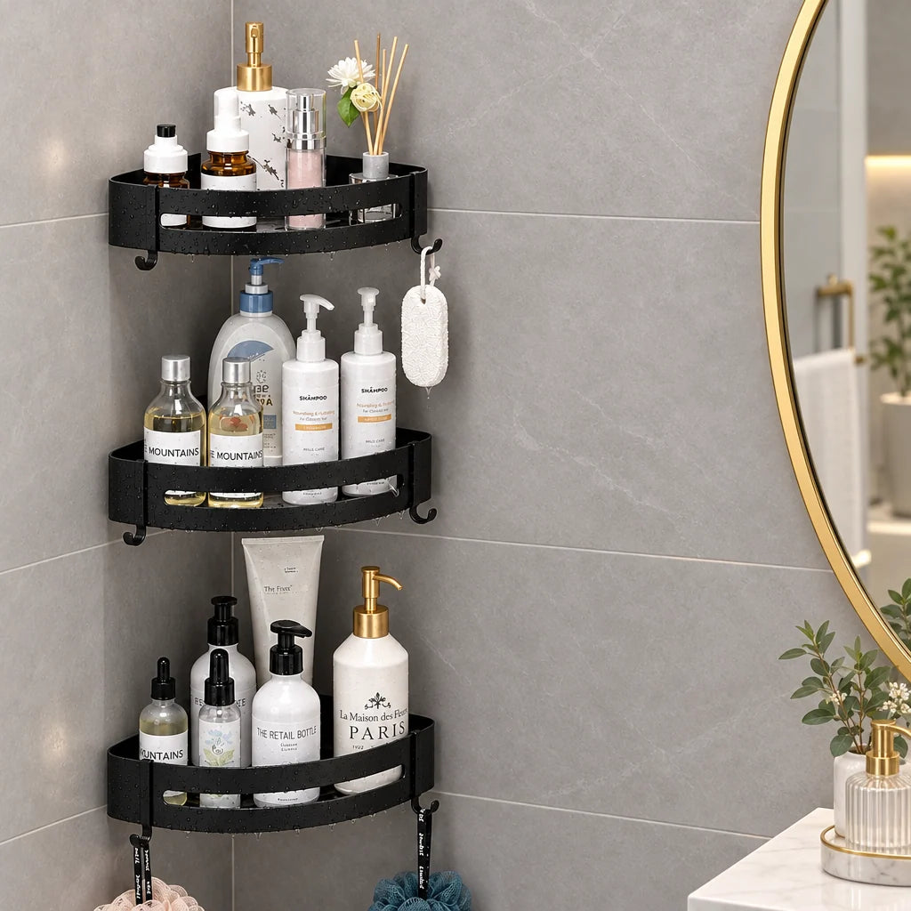 Corner Shower Shelf No-Drill Self-Adhesive Open Grid With Hooks