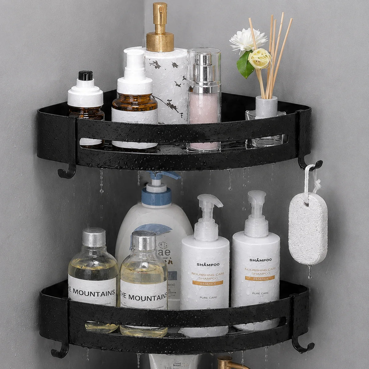 Corner Shower Shelf No-Drill Self-Adhesive Open Grid With Hooks