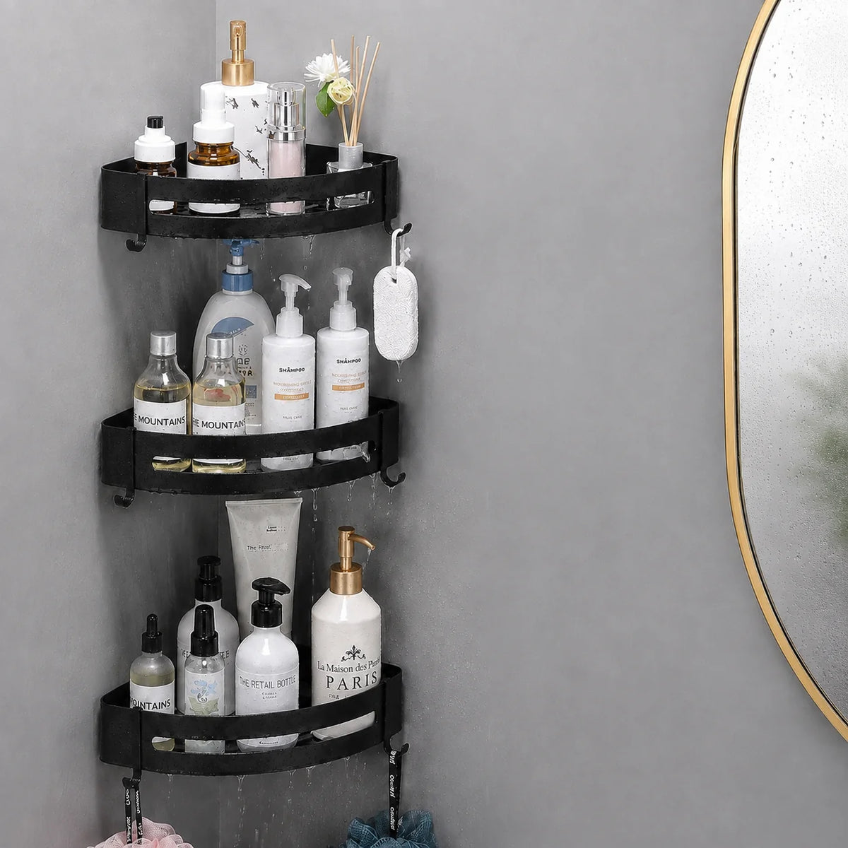 Corner Shower Shelf No-Drill Self-Adhesive Open Grid With Hooks