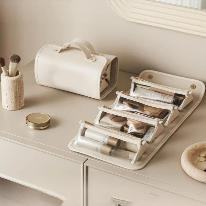 Cosmetic Bag Foldable PU Leather Wipeable Lining