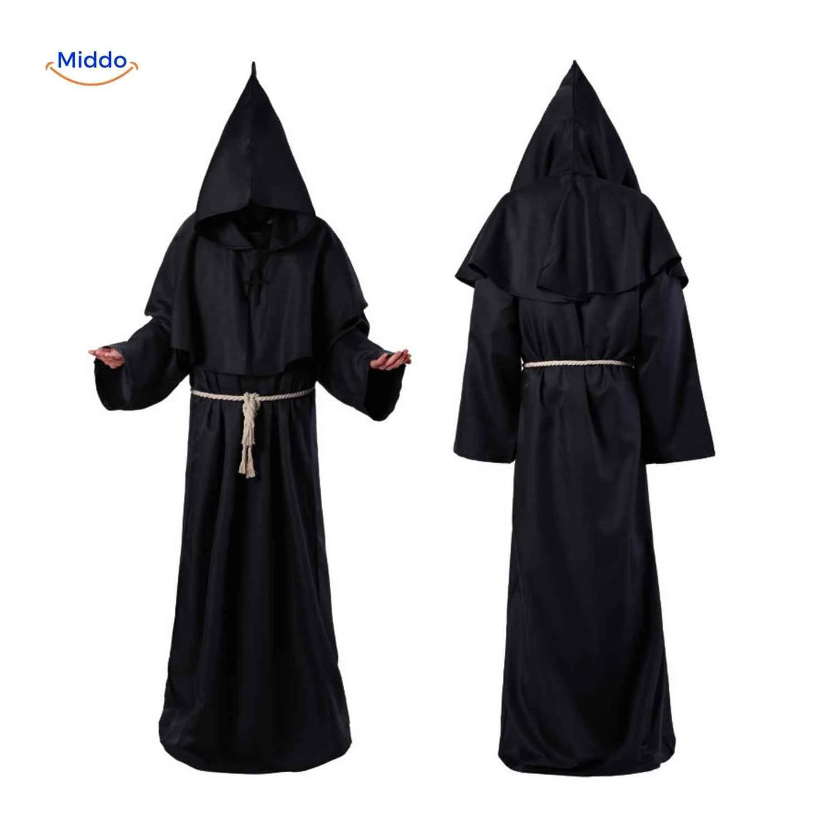 Costume Robe Hooded Floor-Length Adjustable Rope Belt Breathable Blend
