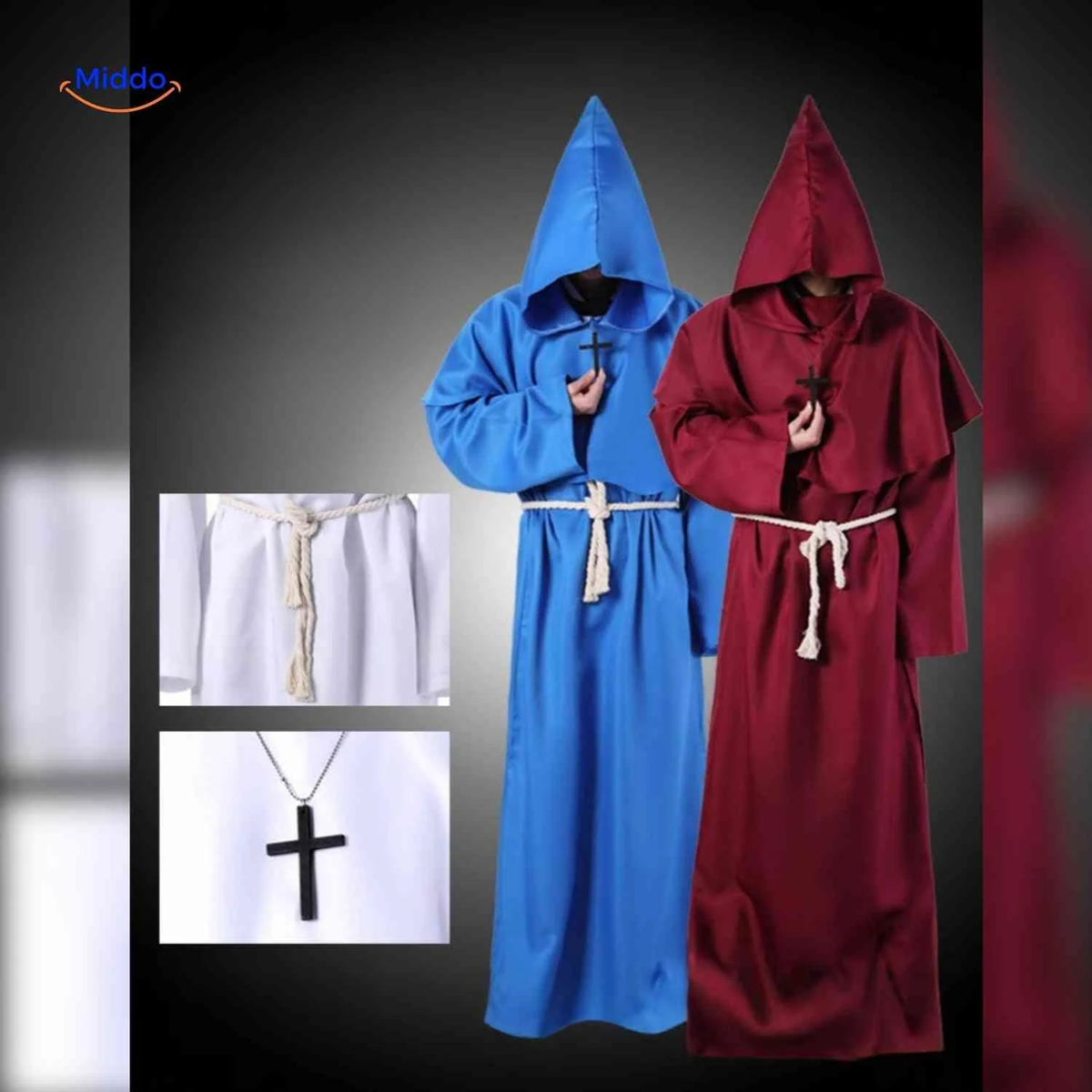 Costume Robe Hooded Floor-Length Adjustable Rope Belt Breathable Blend