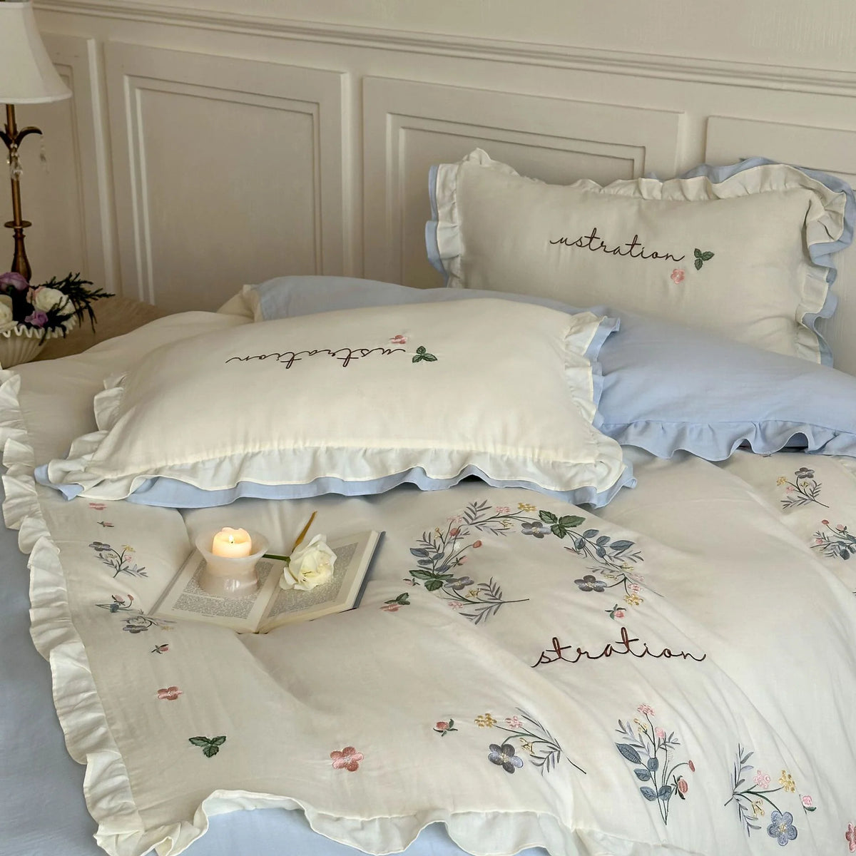 Cotton Bedding Set Country House Ruffle & Floral Embroidery