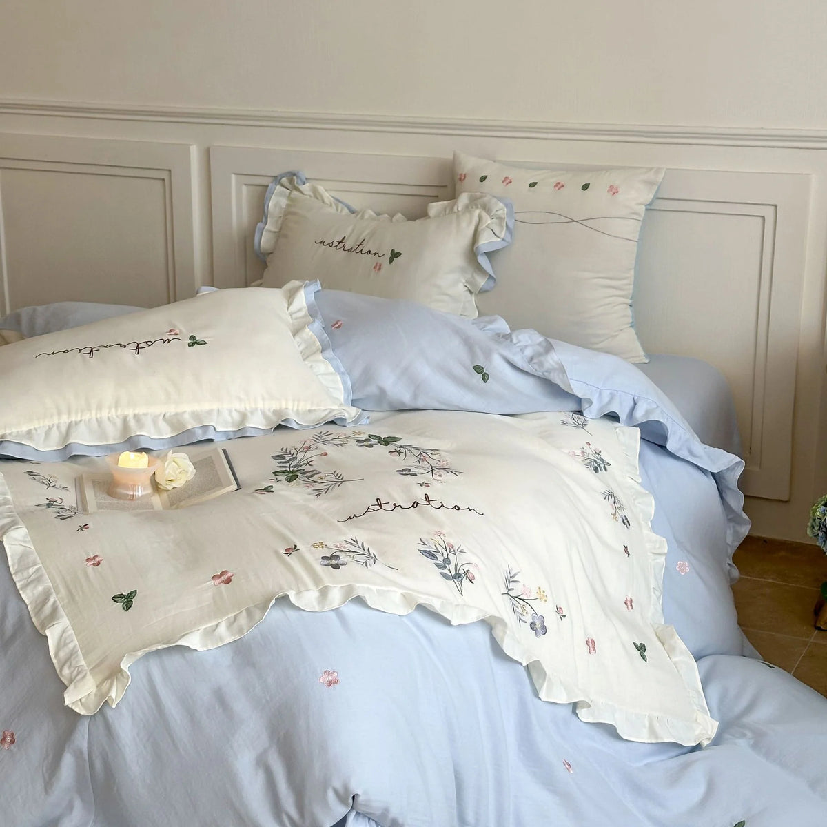 Cotton Bedding Set Country House Ruffle & Floral Embroidery