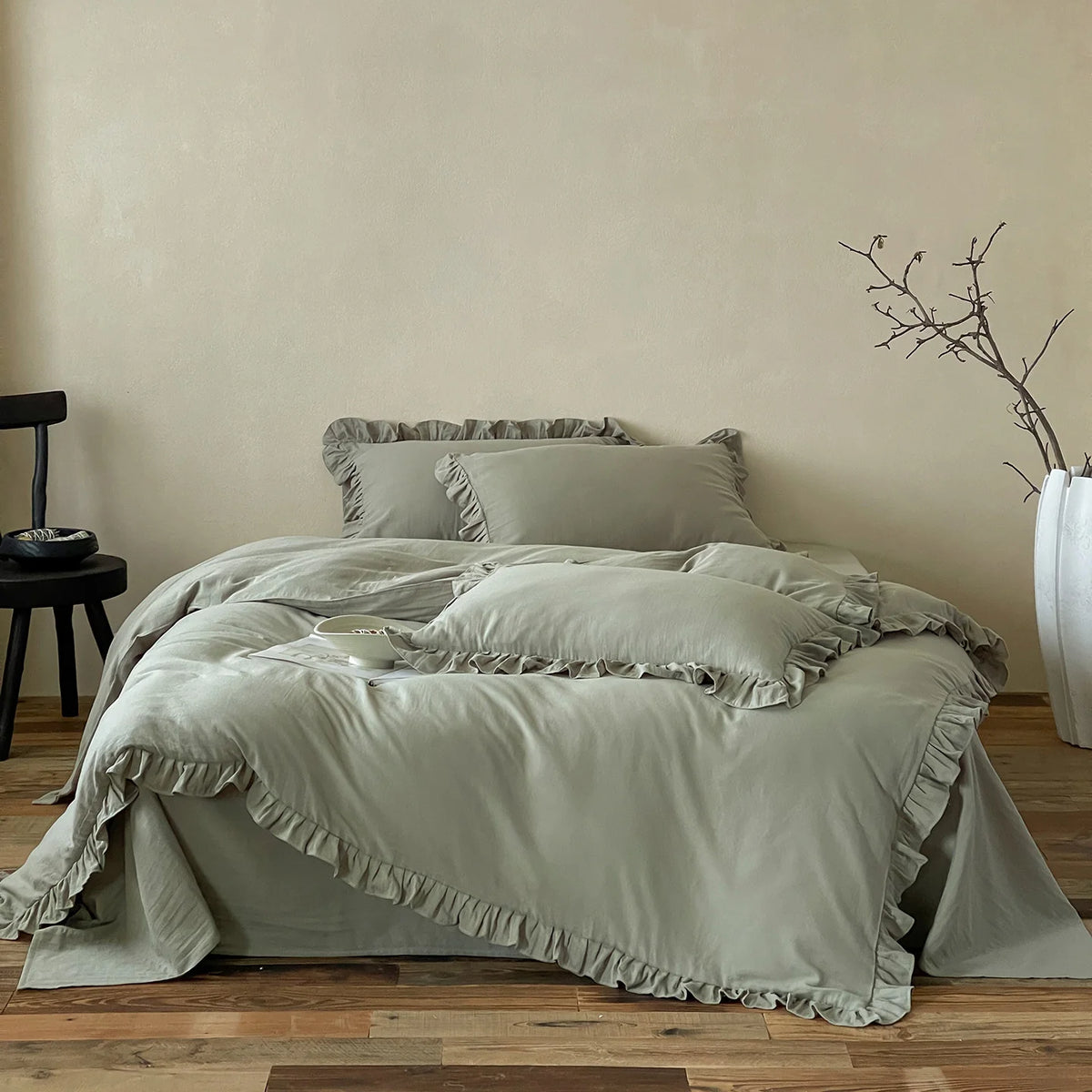 Cotton Bedding Set Percale Weave Ruffled Trim