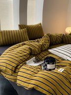 Cotton Bedding Set Striped Percale Wrinkle-Resistant 4-Piece