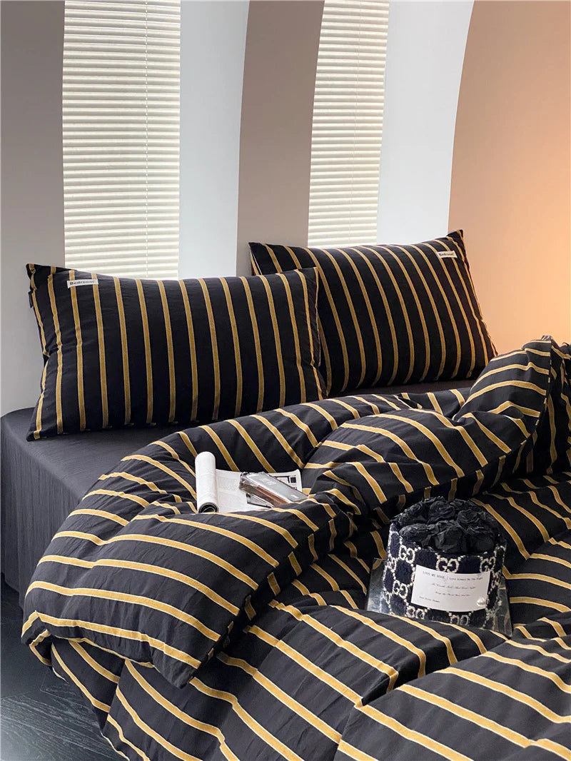 Cotton Bedding Set Striped Percale Wrinkle-Resistant 4-Piece