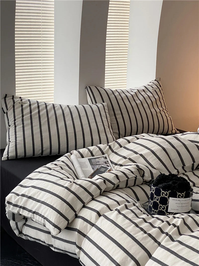 Cotton Bedding Set Striped Percale Wrinkle-Resistant 4-Piece
