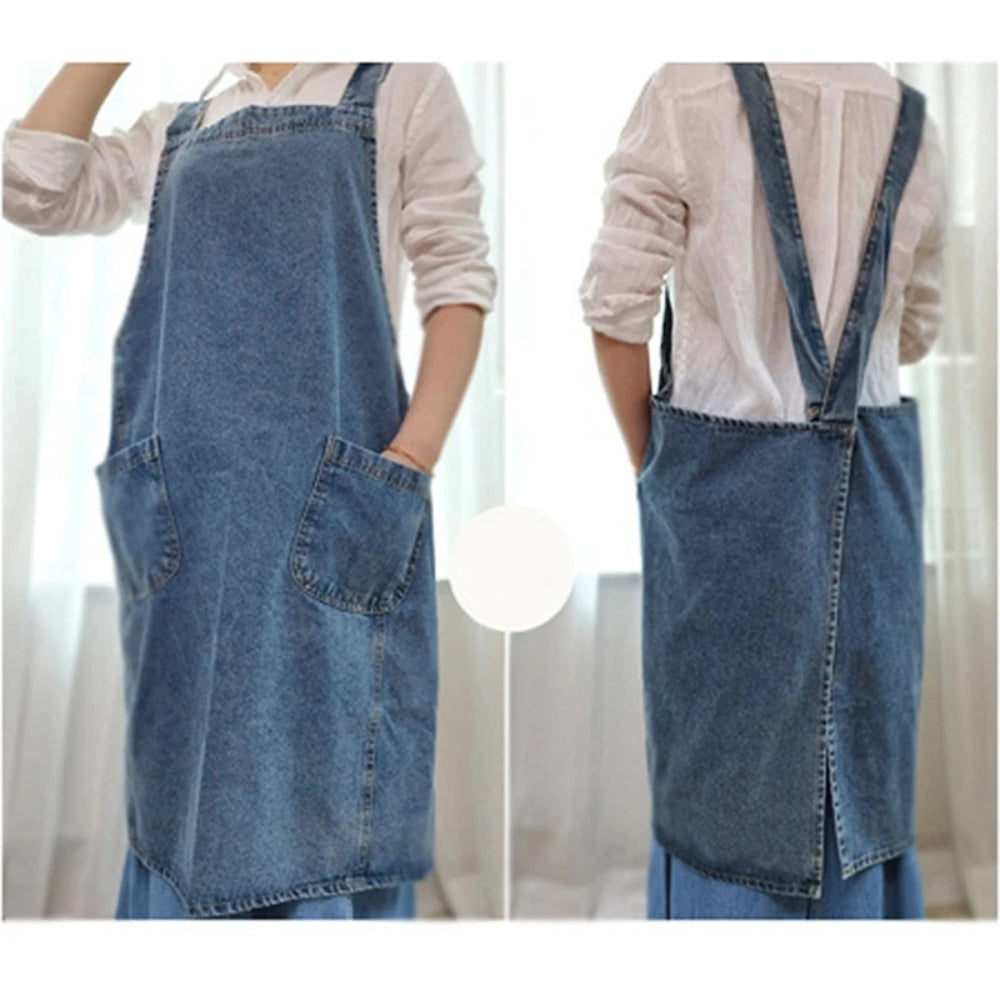Cotton Denim Deep-Pocket Apron (Machine Washable)