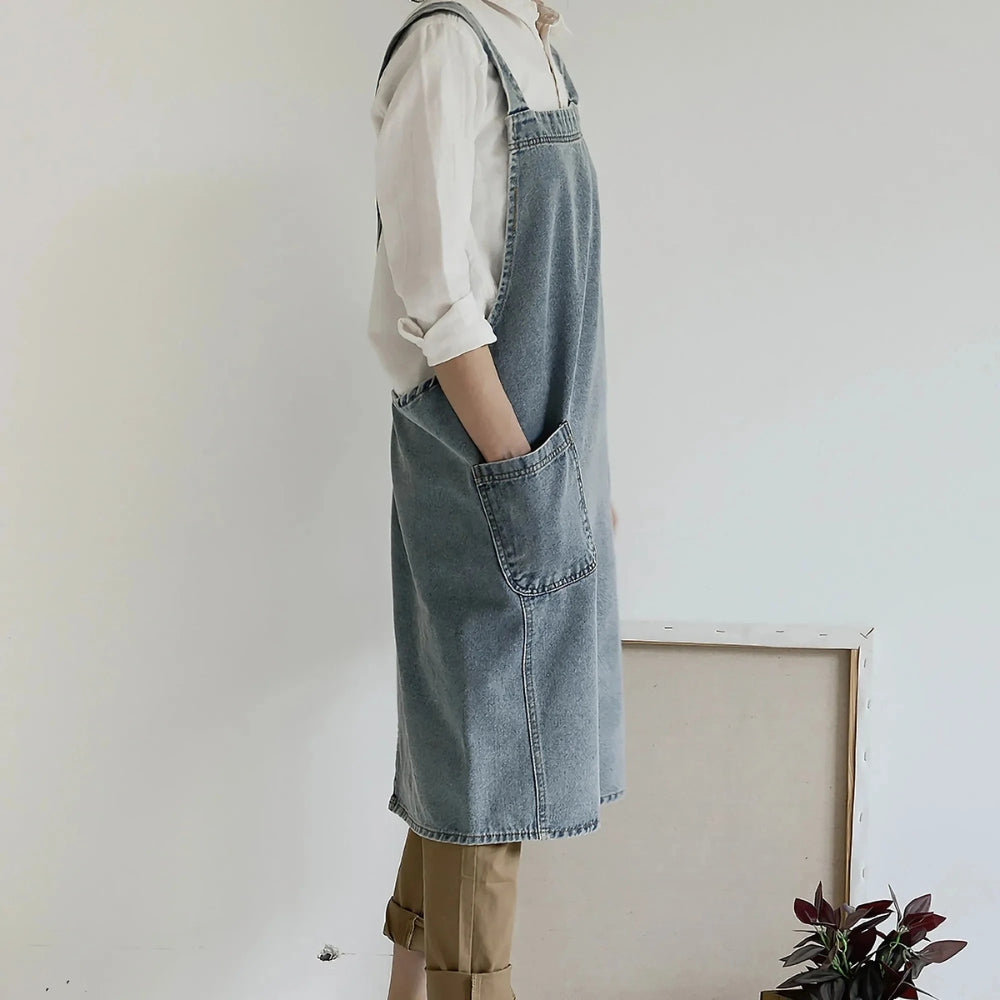 Cotton Denim Deep-Pocket Apron (Machine Washable)