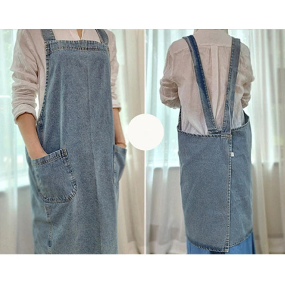 Cotton Denim Deep-Pocket Apron (Machine Washable)