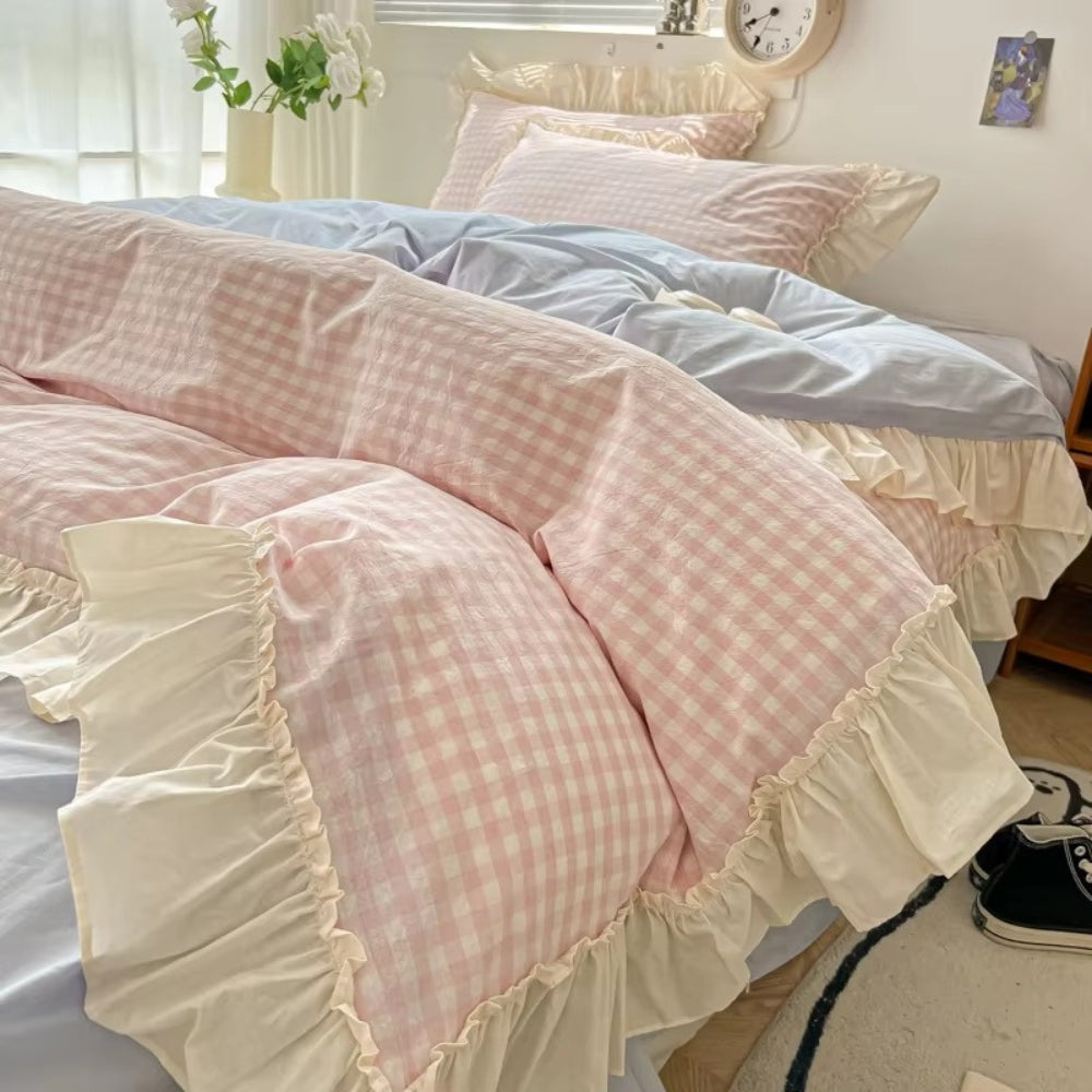 Cotton-Microfiber Gingham Duvet Cover Set (Ruffled Edges)