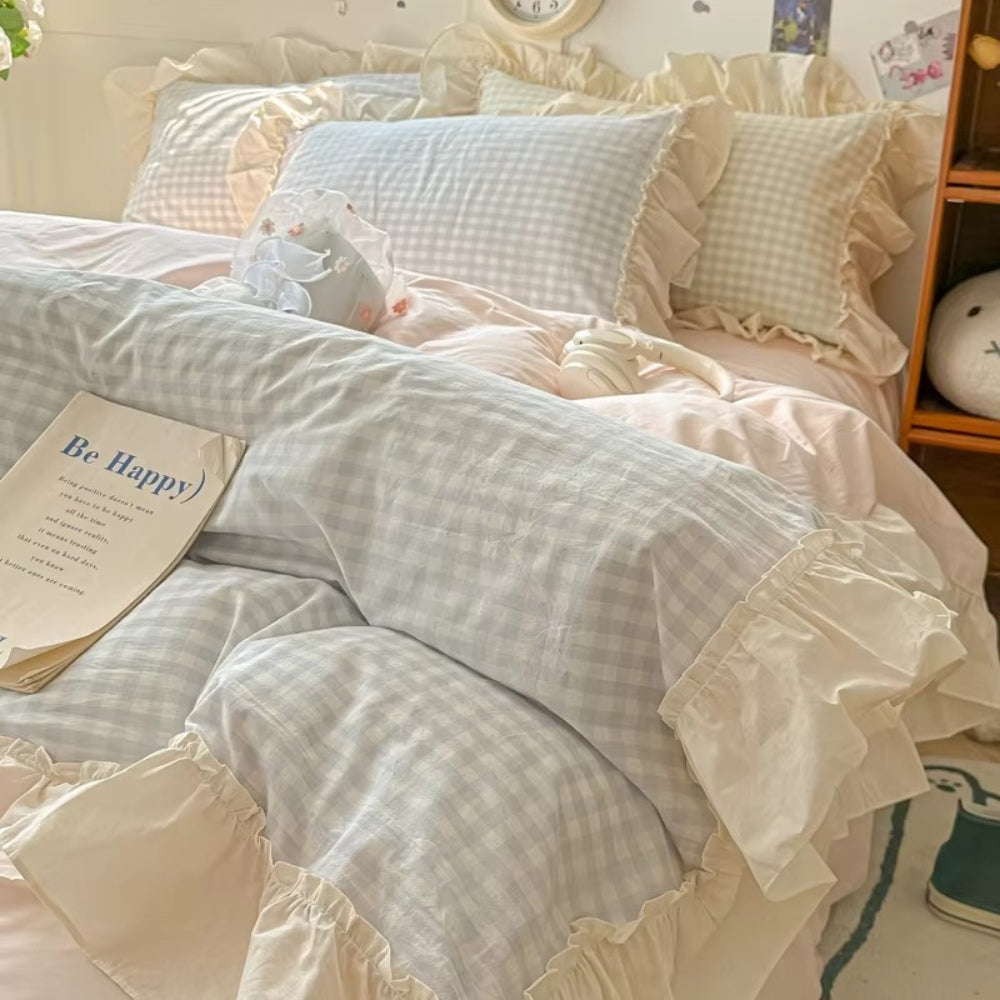 Cotton-Microfiber Gingham Duvet Cover Set (Ruffled Edges)