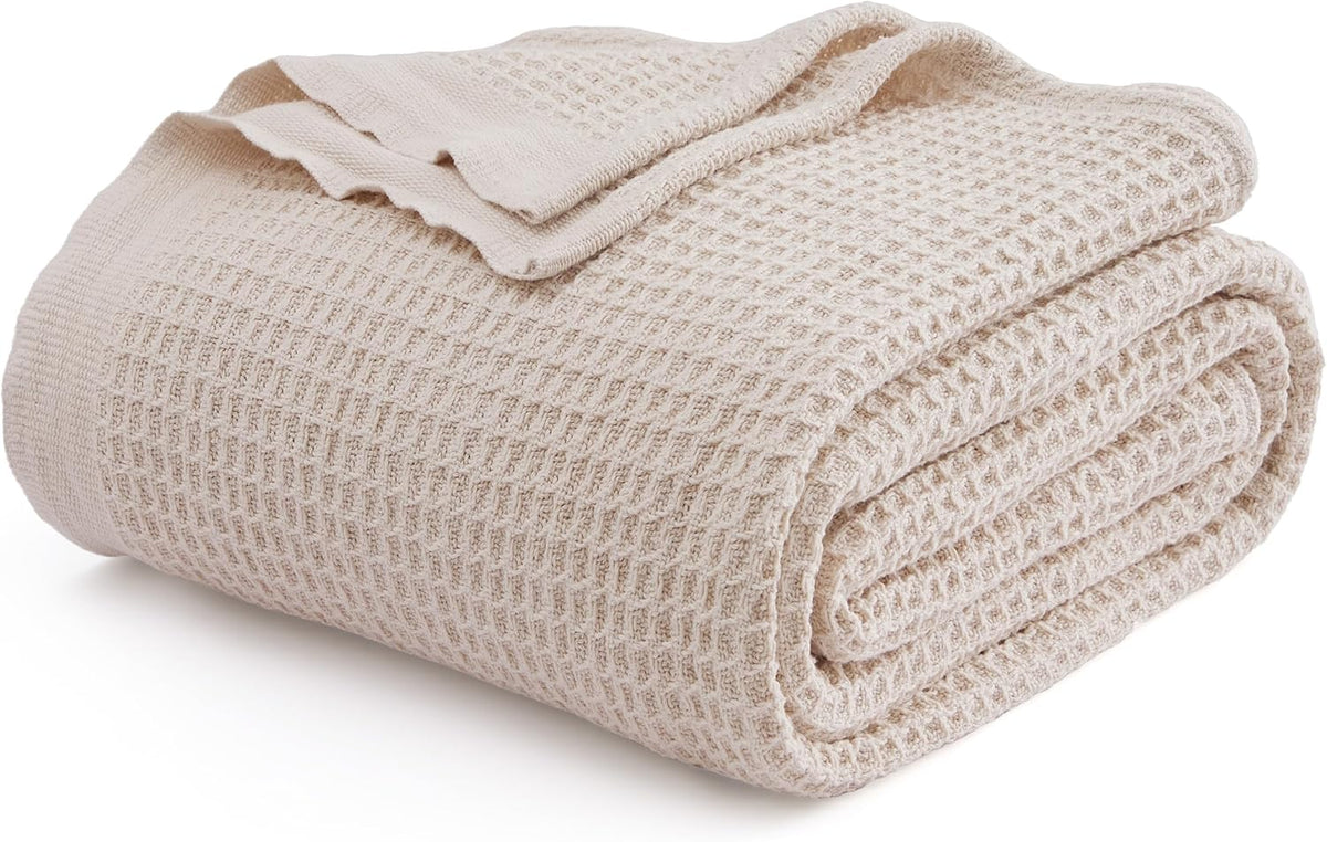 Cotton Throw Blanket Long-Staple Waffle Weave Machine Washable