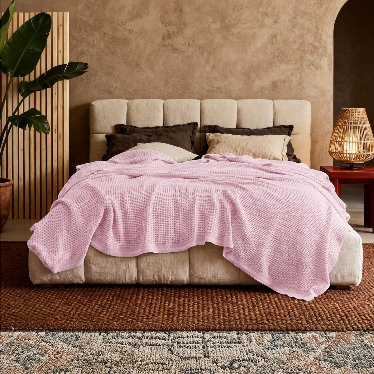 Cotton Throw Blanket Long-Staple Waffle Weave Machine Washable