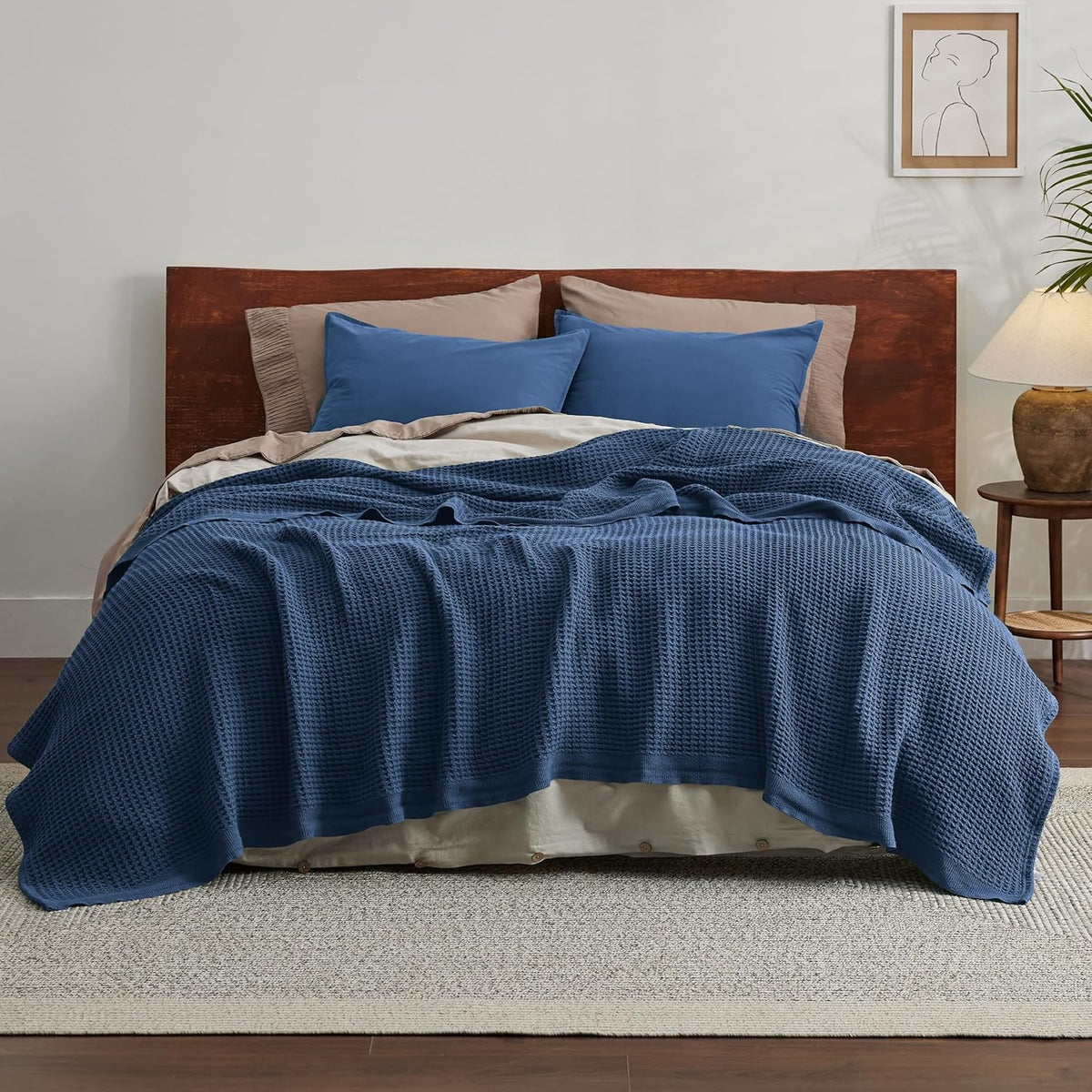 Cotton Throw Blanket Long-Staple Waffle Weave Machine Washable