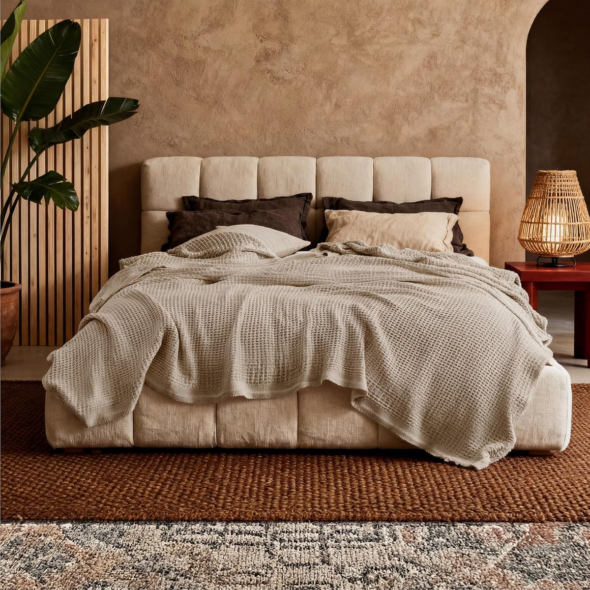 Cotton Throw Blanket Long-Staple Waffle Weave Machine Washable