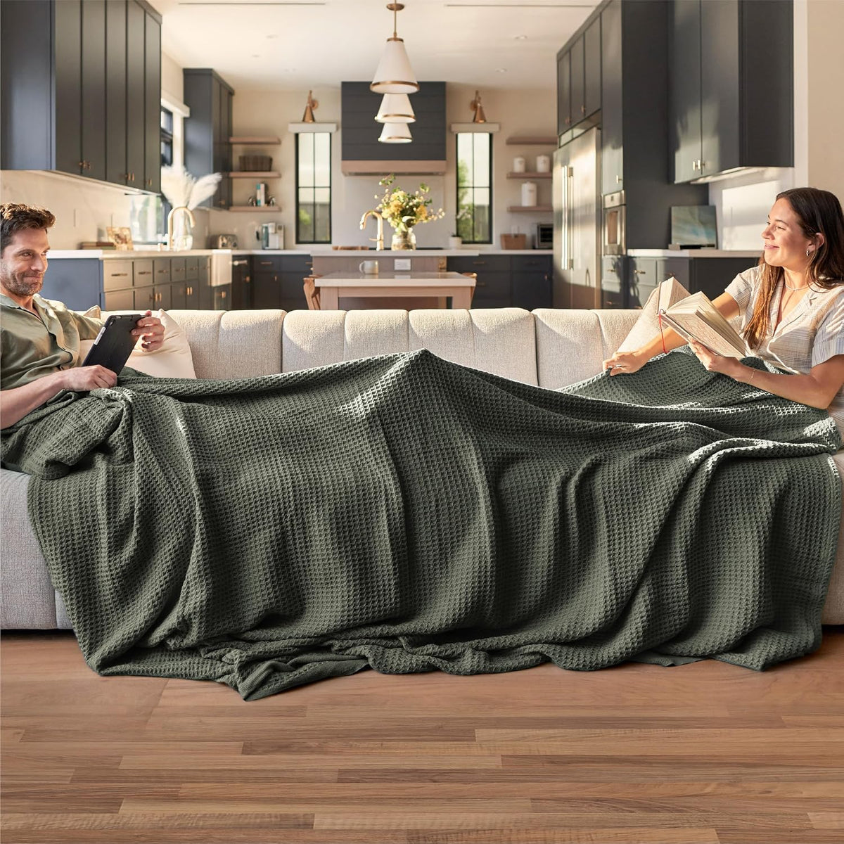 Cotton Throw Blanket Long-Staple Waffle Weave Machine Washable