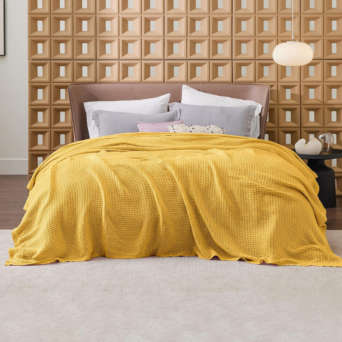 Cotton Throw Blanket Long-Staple Waffle Weave Machine Washable