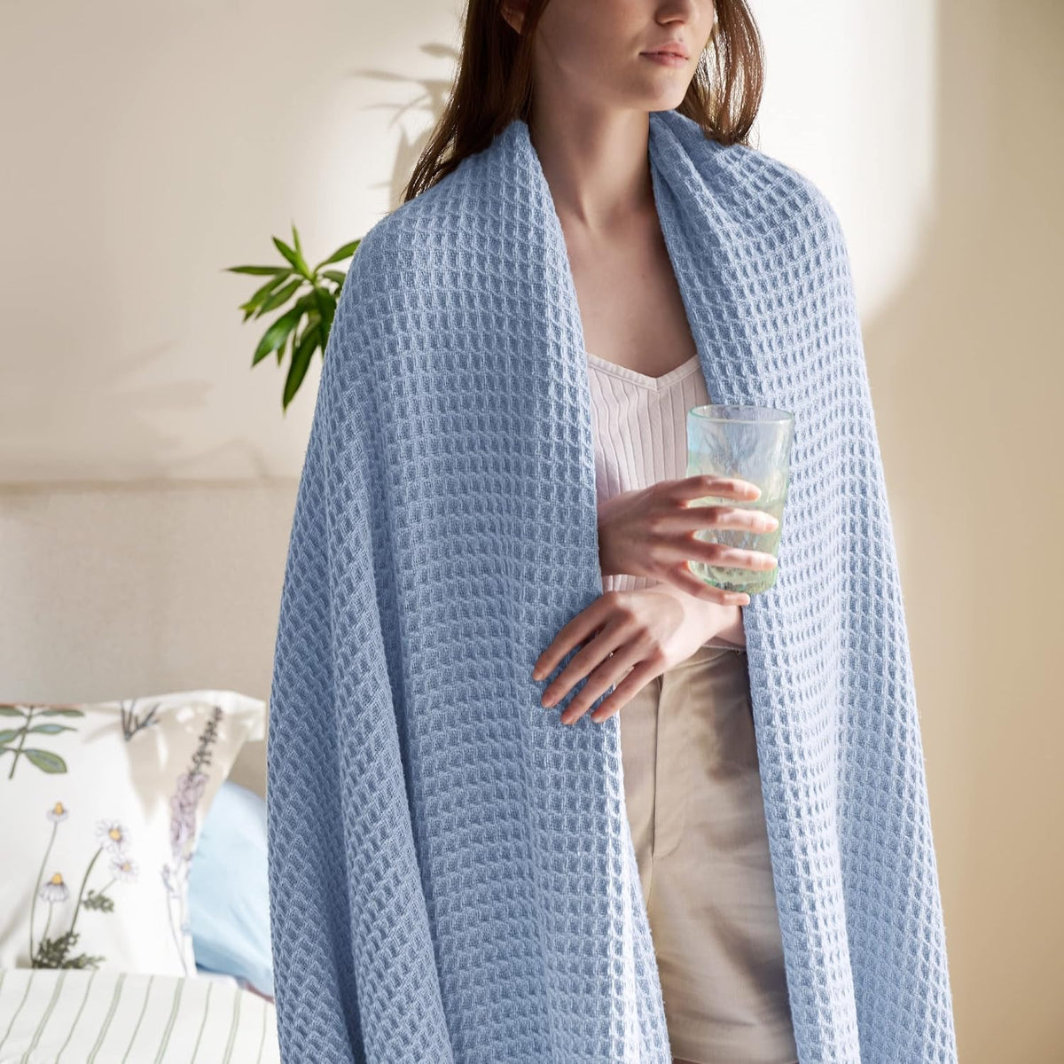 Cotton Throw Blanket Long-Staple Waffle Weave Machine Washable