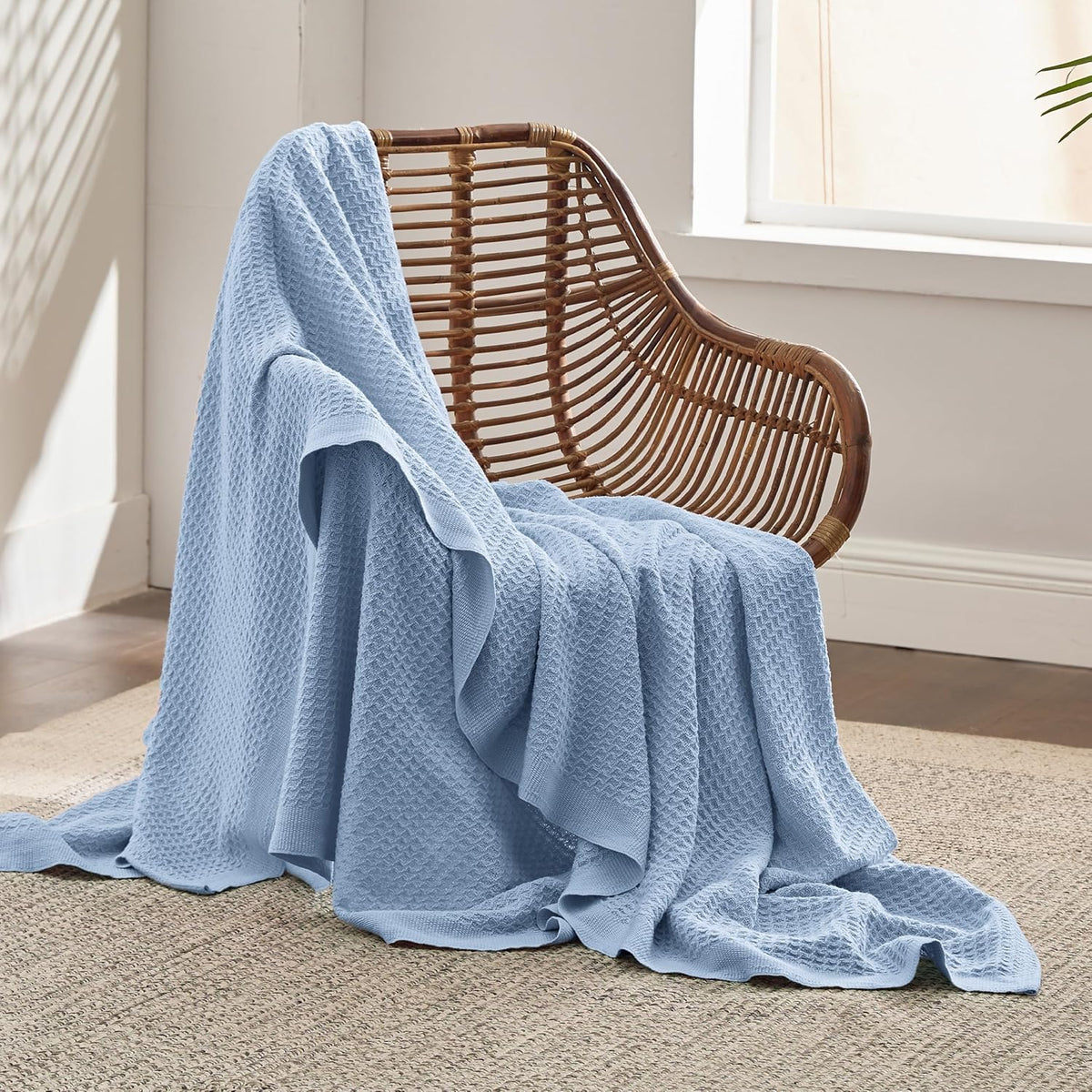 Cotton Throw Blanket Long-Staple Waffle Weave Machine Washable