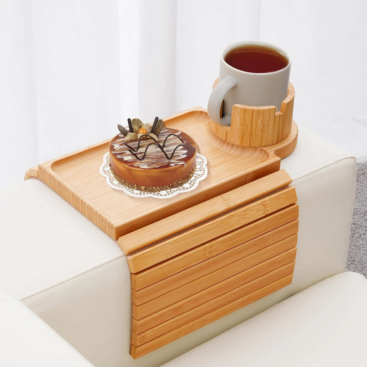 Couch Cup Holder Tray Foldable Bamboo Anti-Slip Base