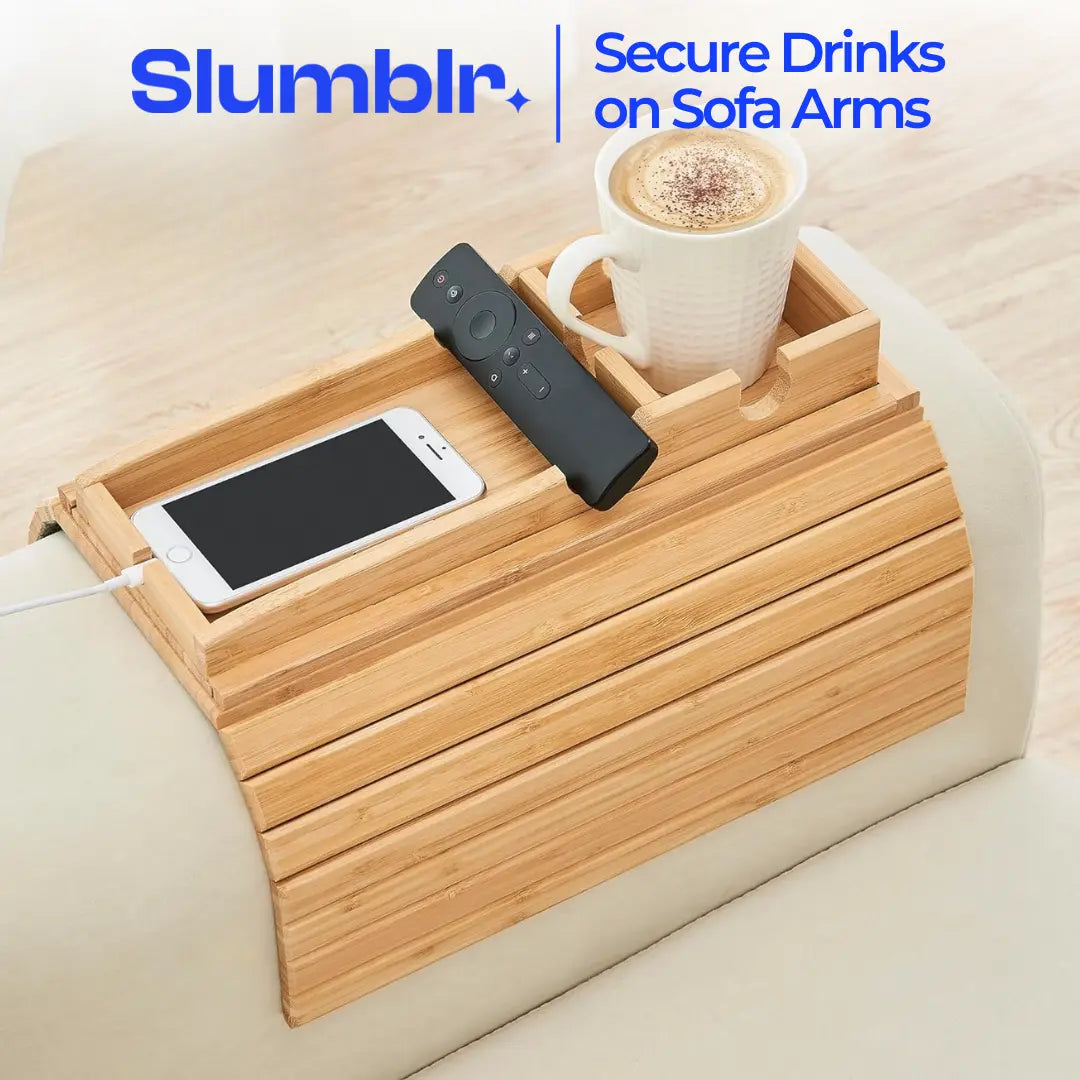 Couch Cup Holder Tray Foldable Bamboo Anti-Slip Base