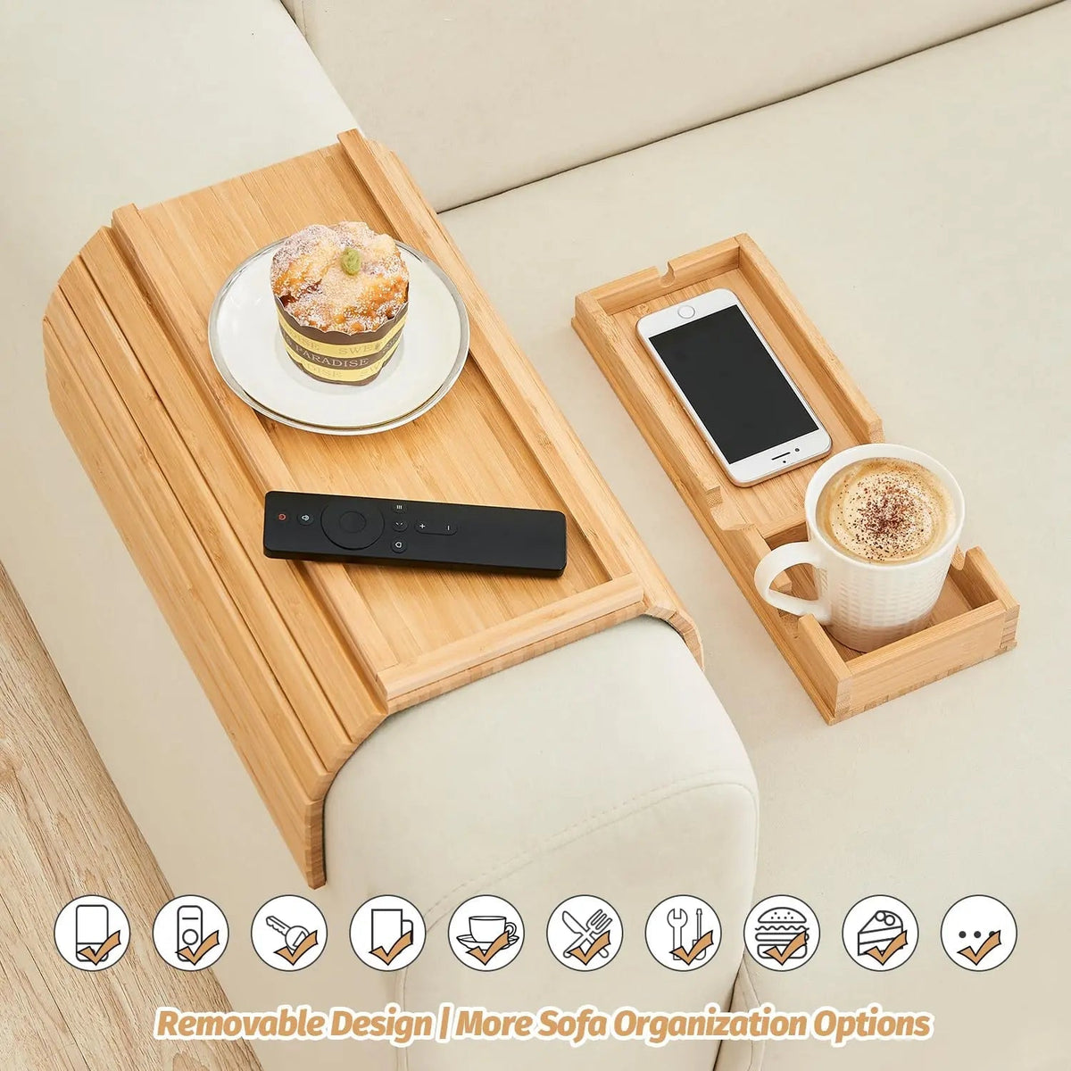 Couch Cup Holder Tray Foldable Bamboo Anti-Slip Base