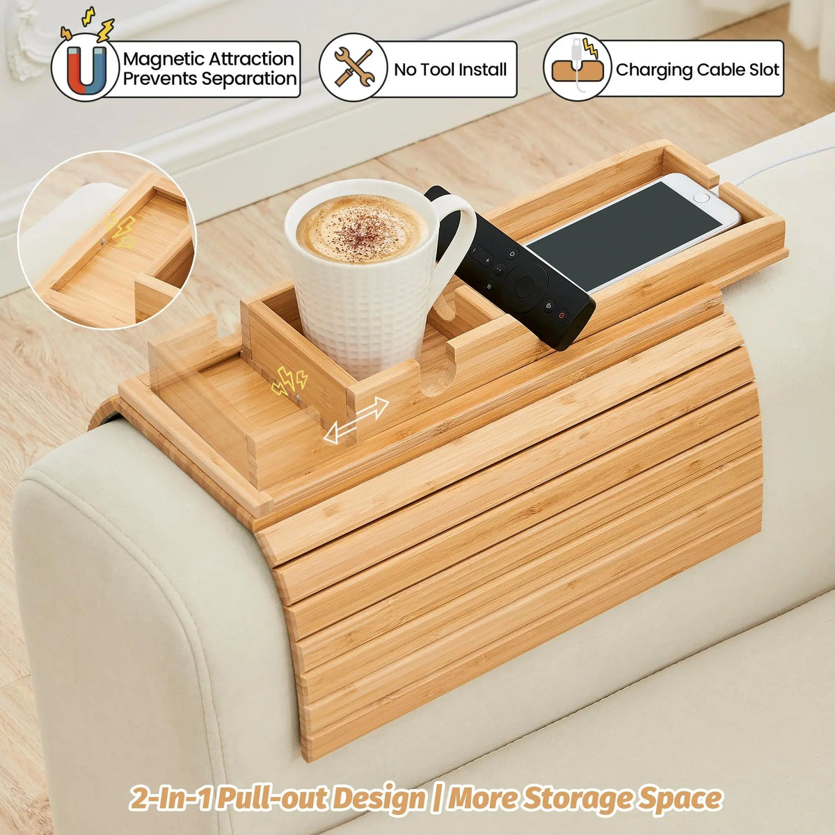 Couch Cup Holder Tray Foldable Bamboo Anti-Slip Base