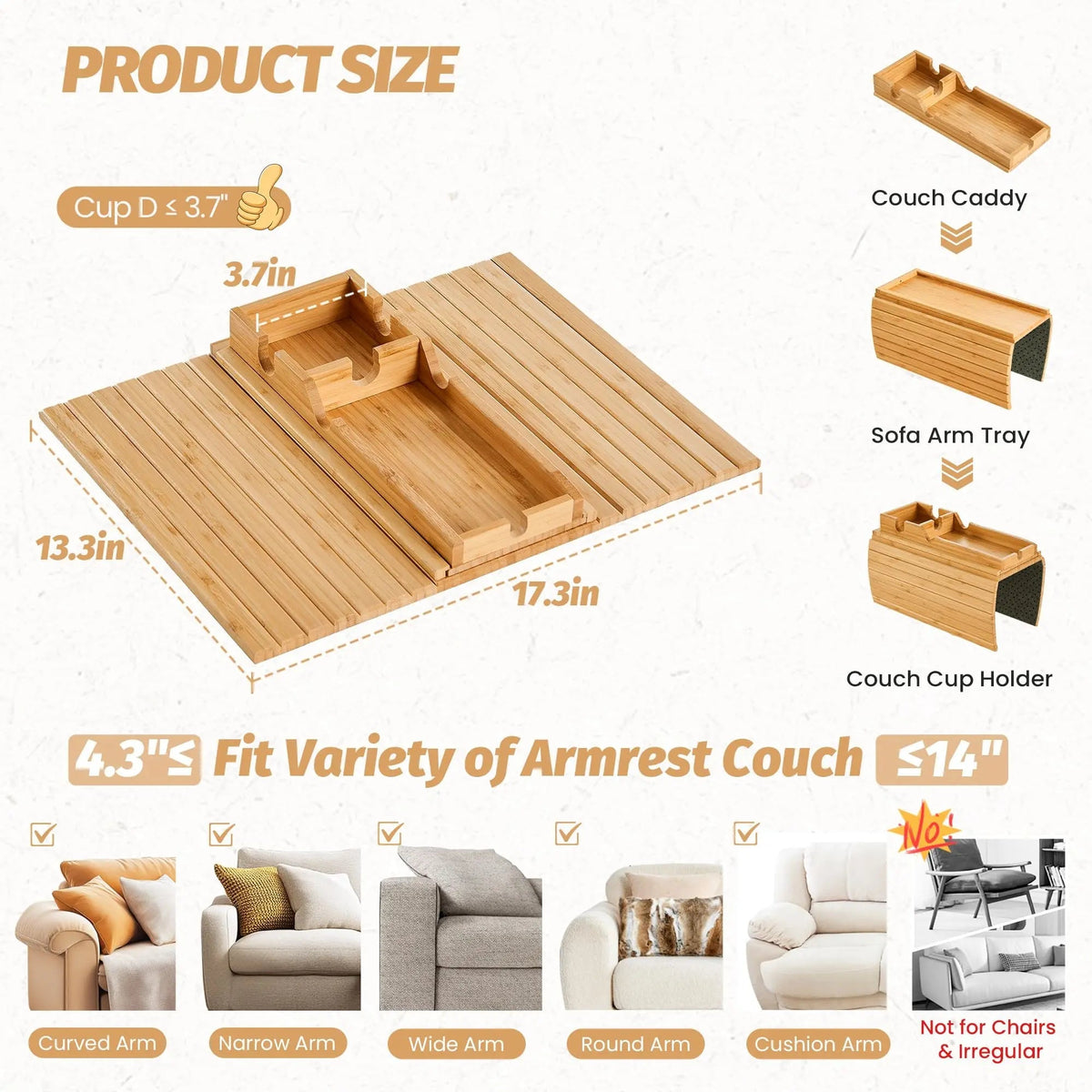 Couch Cup Holder Tray Foldable Bamboo Anti-Slip Base