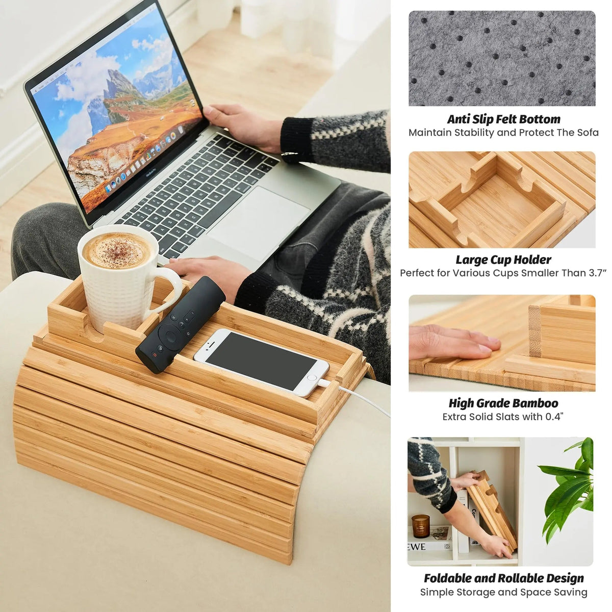 Couch Cup Holder Tray Foldable Bamboo Anti-Slip Base