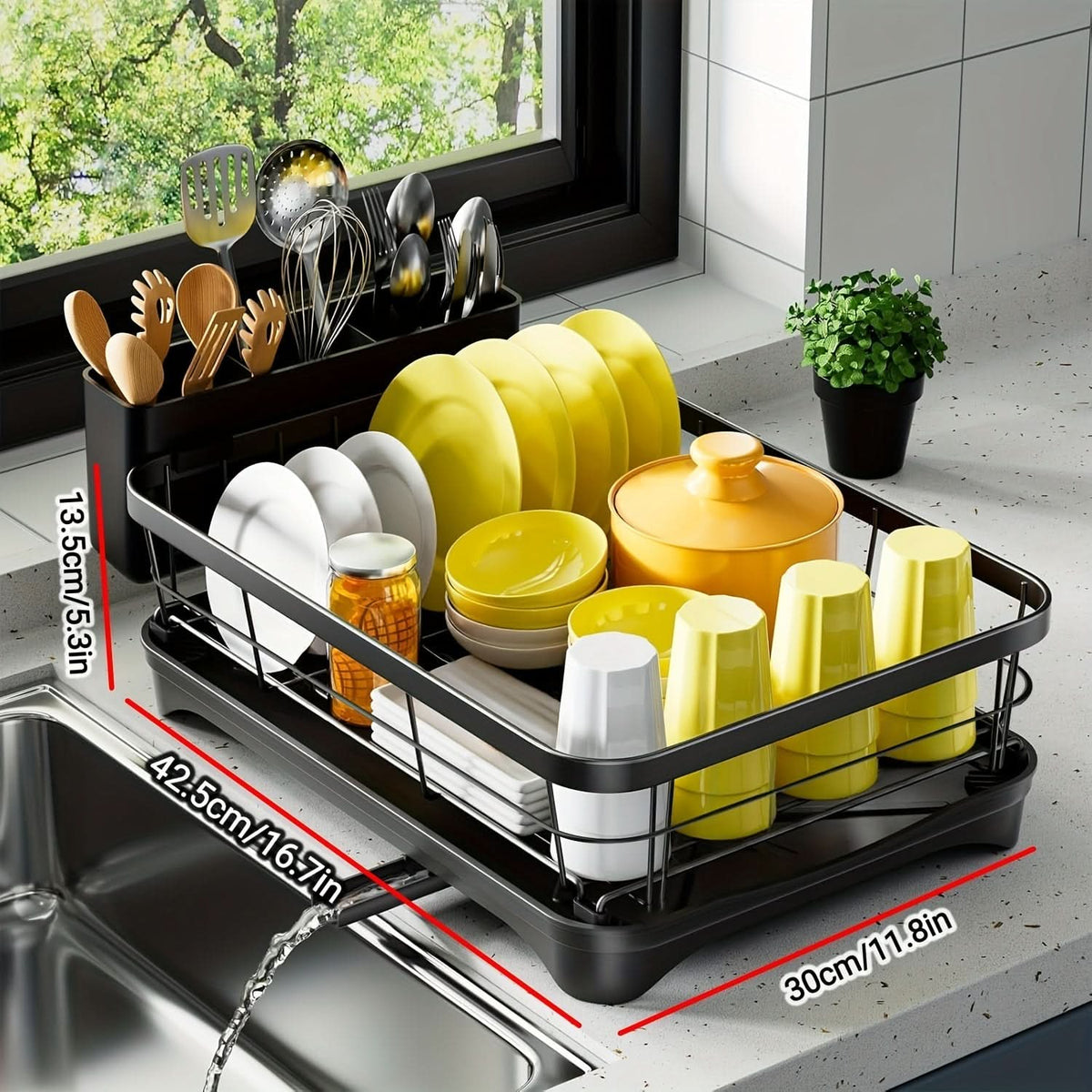Countertop Dish Drying Rack Built-In Cutlery Holder & Drainage-Friendly