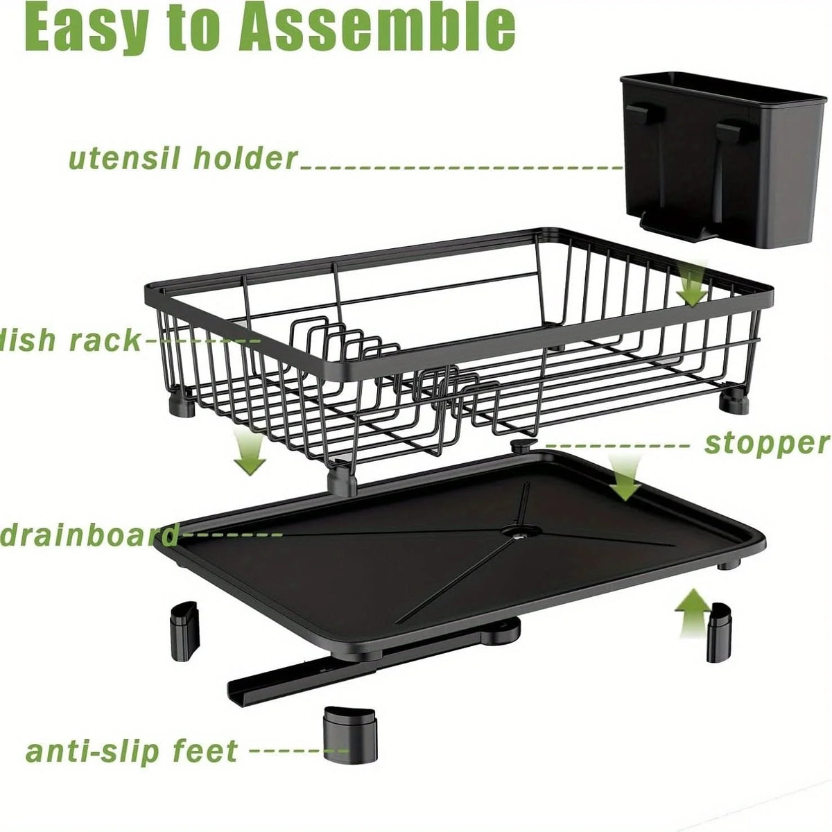 Countertop Dish Drying Rack Built-In Cutlery Holder & Drainage-Friendly