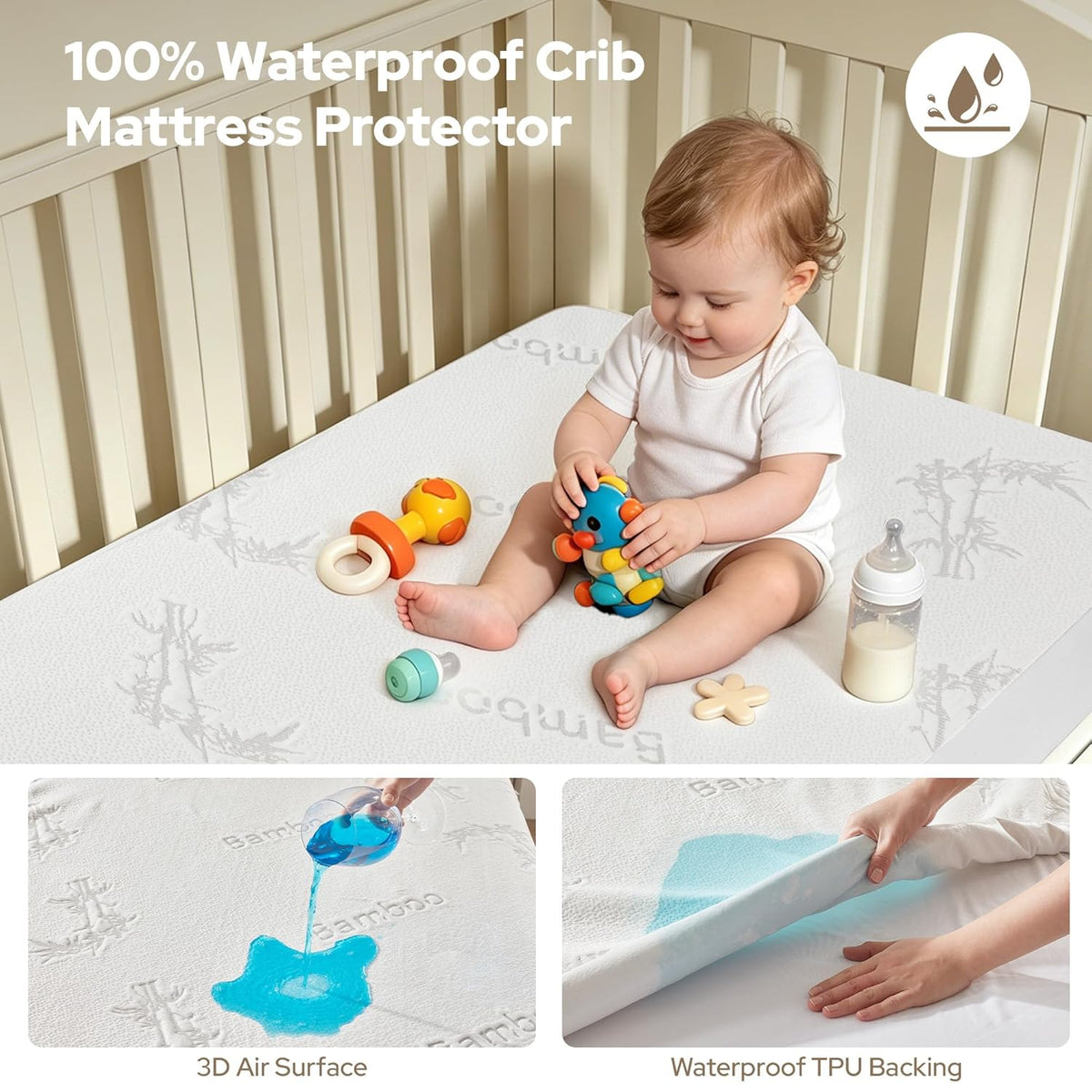 Crib Mattress Protector Waterproof & Noiseless Elastic Fitted Corners
