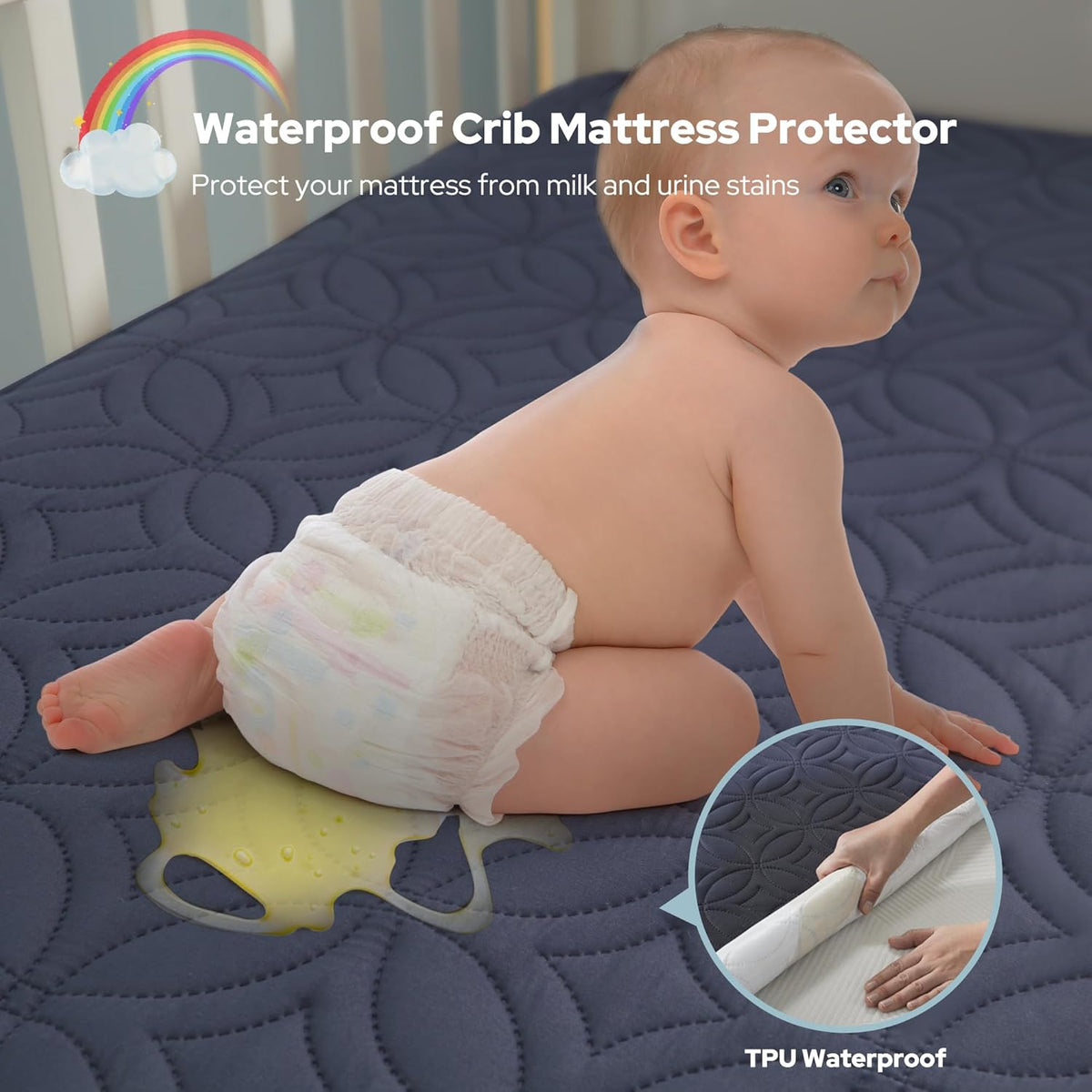 Crib Mattress Protector Waterproof & Noiseless Elastic Fitted Corners