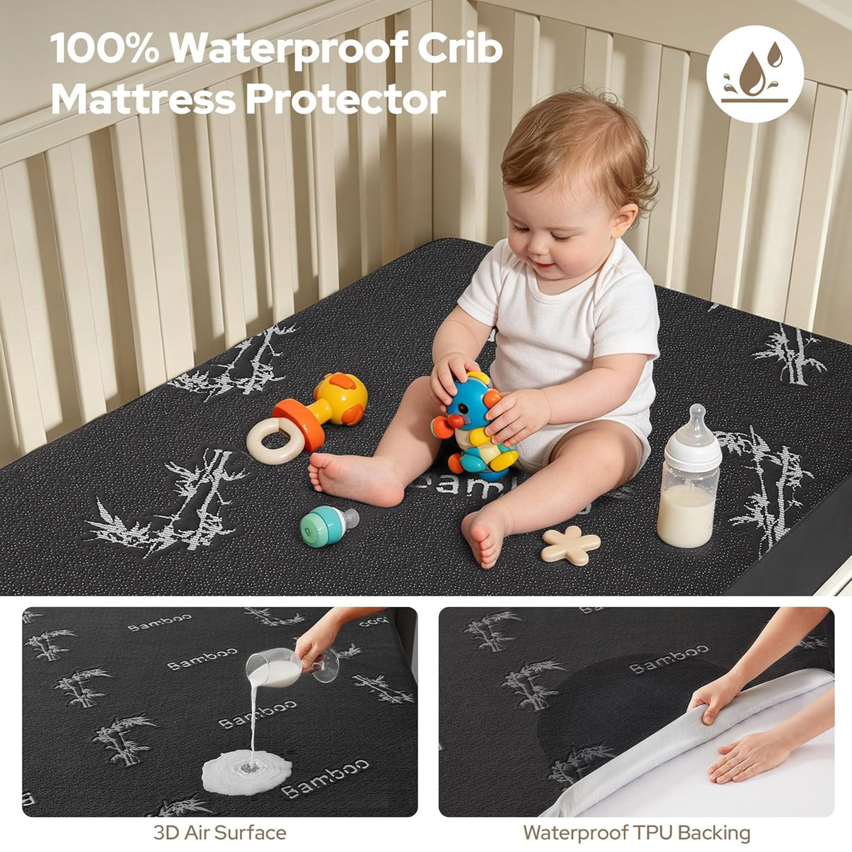 Crib Mattress Protector Waterproof & Noiseless Elastic Fitted Corners