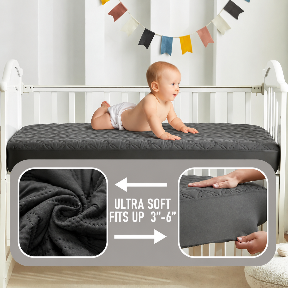 Crib Mattress Protector Waterproof & Noiseless Elastic Fitted Corners