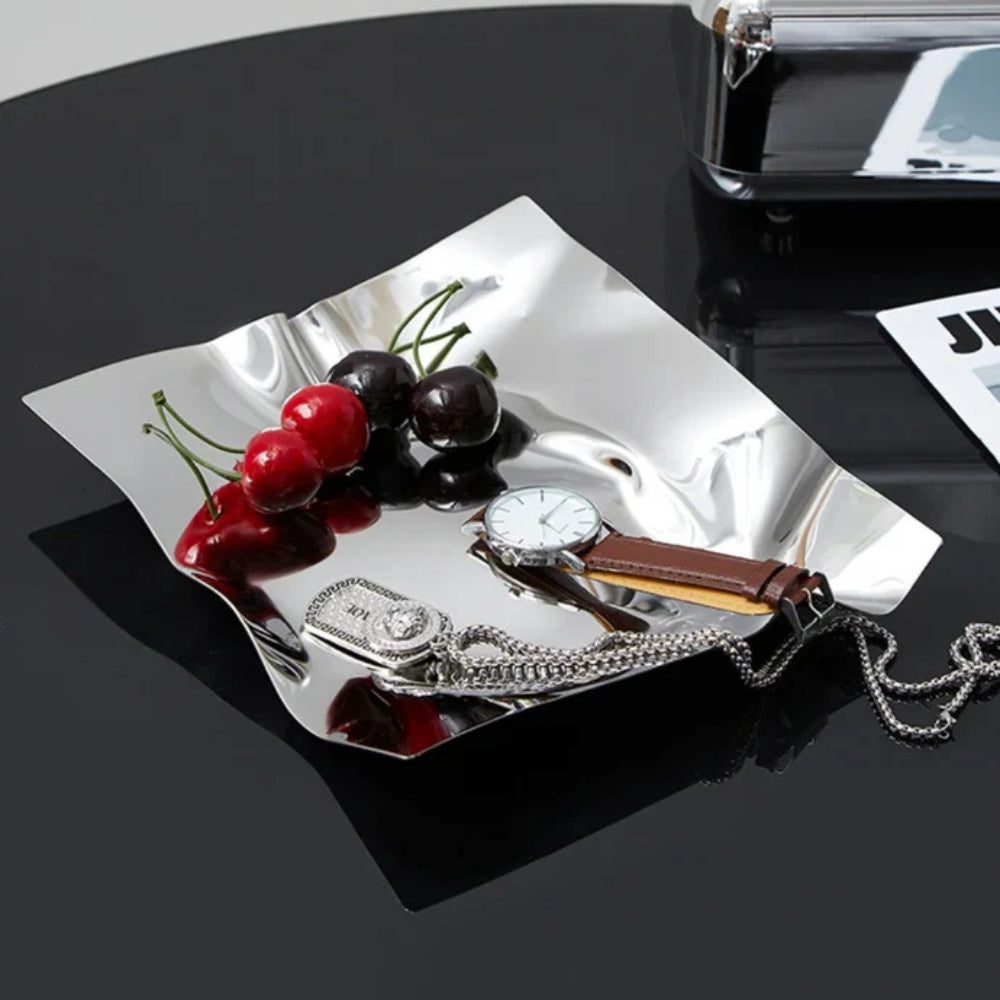 Crinkled Mirror-Finish Stainless Steel Jewelry & Trinket Tray