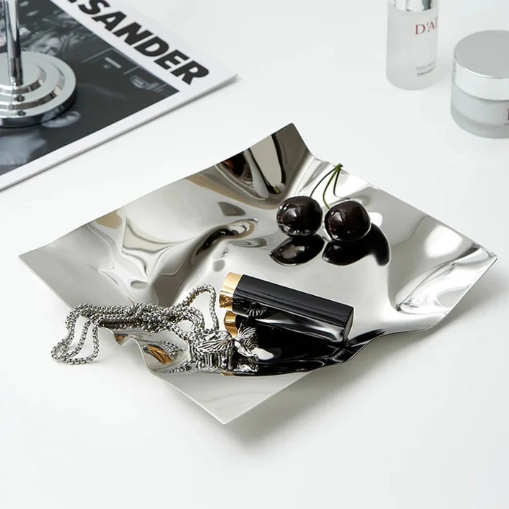Crinkled Mirror-Finish Stainless Steel Jewelry & Trinket Tray