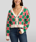 Cropped Cardigan Mint Green Checkered Cotton Blend Button Front