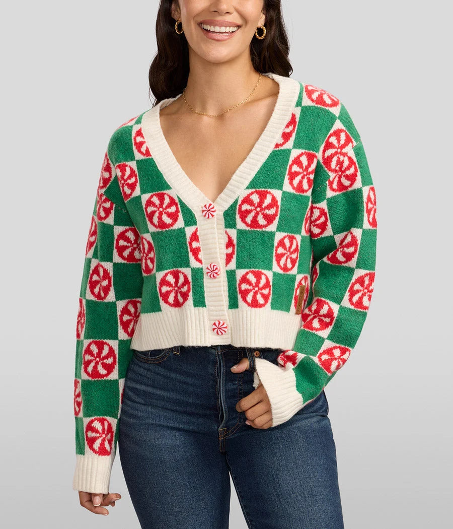 Cropped Cardigan Mint Green Checkered Cotton Blend Button Front