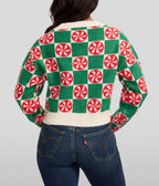 Cropped Cardigan Mint Green Checkered Cotton Blend Button Front