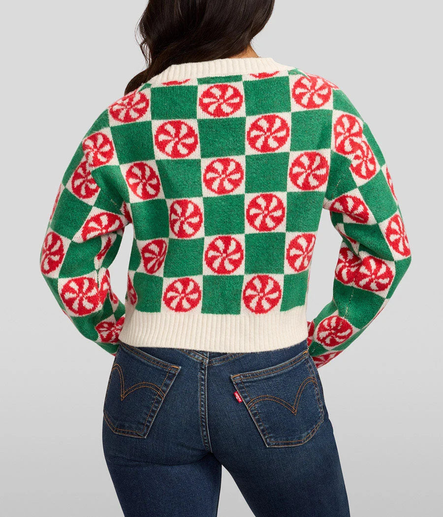 Cropped Cardigan Mint Green Checkered Cotton Blend Button Front