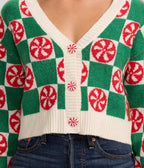 Cropped Cardigan Mint Green Checkered Cotton Blend Button Front