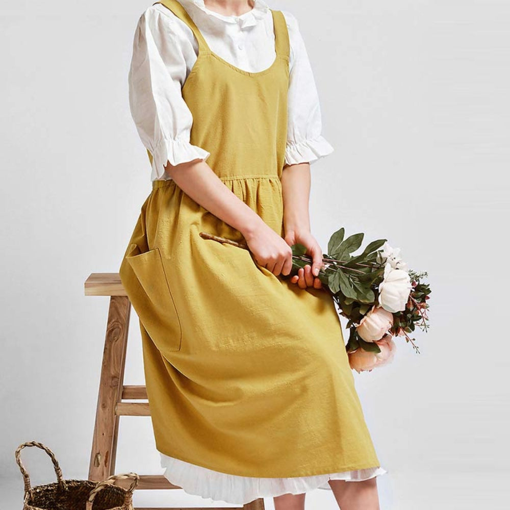Cross-Back 100% Cotton Apron With Pockets (Machine Washable)
