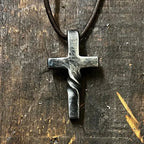 Cross Pendant Necklace Handmade Curved Design Adjustable Leather Cord