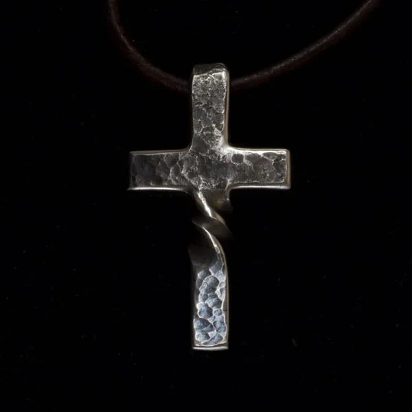 Cross Pendant Necklace Handmade Curved Design Adjustable Leather Cord