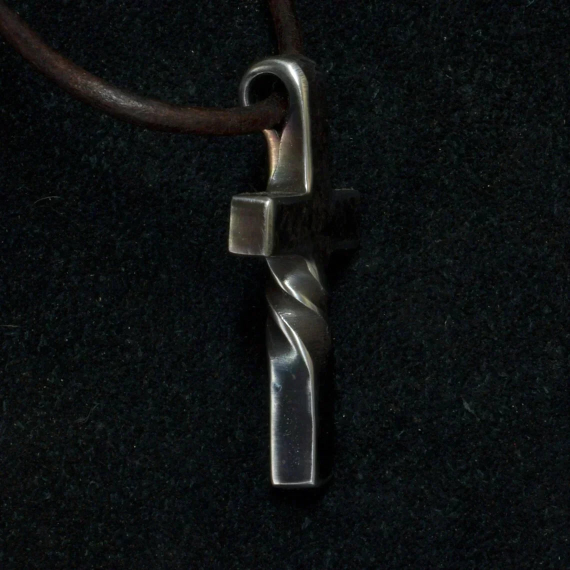 Cross Pendant Necklace Handmade Curved Design Adjustable Leather Cord
