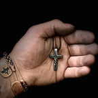 Cross Pendant Necklace Handmade Curved Design Adjustable Leather Cord