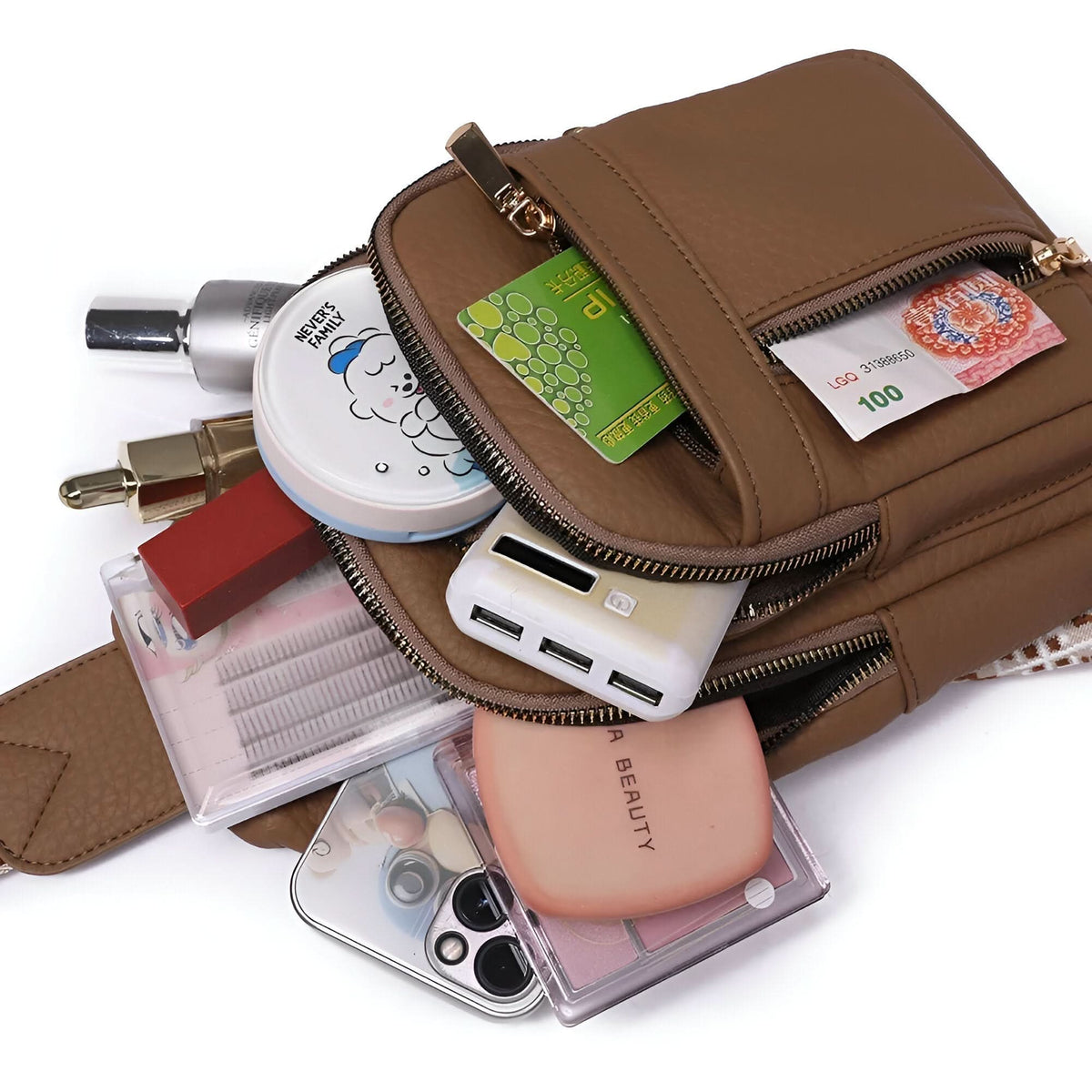 Crossbody Bag Compact Adjustable Strap Multiple Zippered Compartments
